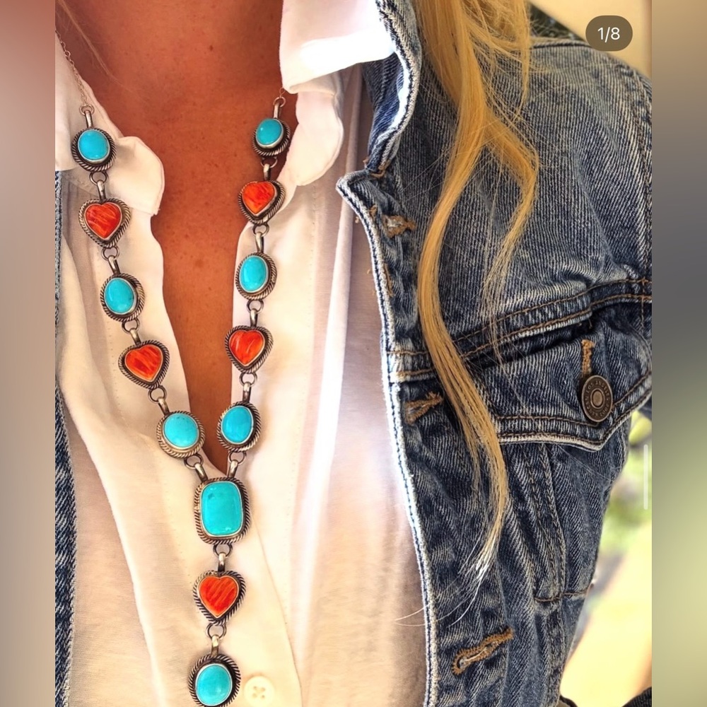 Navajo Betta Lee Spiny Oyster & Turquoise Heart SS Lariat